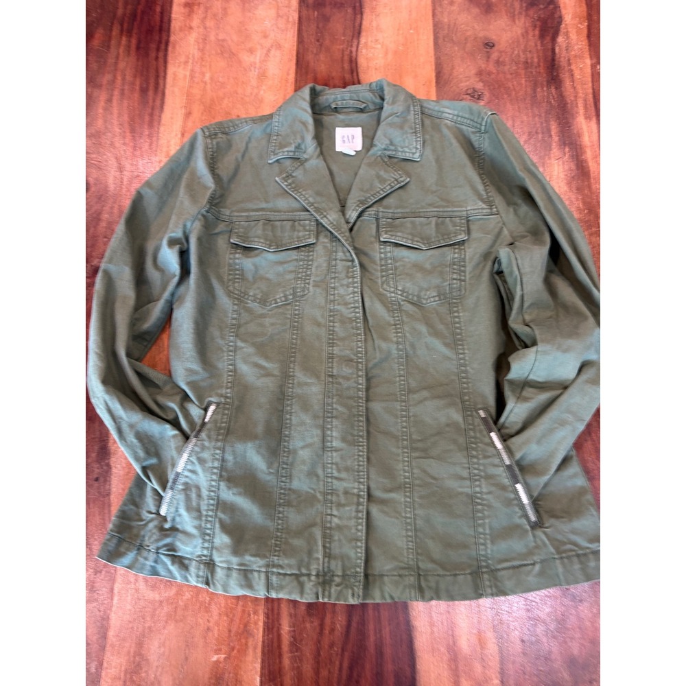 Gap womens medium olive green utility field jacket snap front 4-pocket cotton